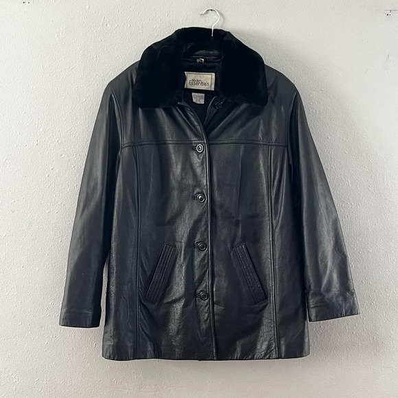 Modern Essentials Leather Coat Womens L Black Fur Collar Button Front Baddie - Picture 2 of 6